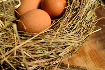 chicken eggs in a nest on a background of old wooden boards