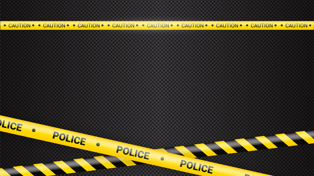 Police tape, crime danger line. Caution police lines isolated. Warning tapes. Set of yellow warning ribbons. Vector illustration on dack transparent background.