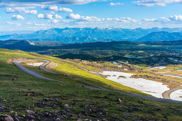 The bear tooth highway on top of mountains, shot on a cloudy day, summer time.