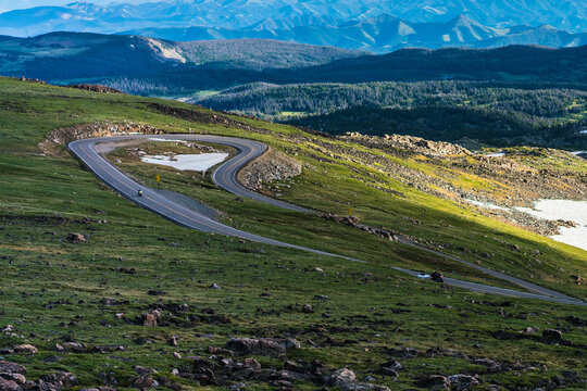 The beartooth highway on top of mountains, shot on a cloudy day, summer time.