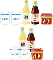 調味料（砂糖、塩、酢、醤油、味噌）のイラストセット