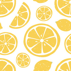 Cute lemon seamless pattern. Lemon and lemon slice on white background.  Can be used for wallpaper, fabric, wrapping paper or decoration. Vector hand drawn illustration