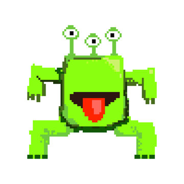Pixel monster showing tongue. Green big crazy scary game character. Can be used for topics like enemy, creature, alien