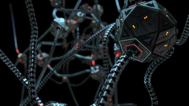 synthetic brain cell neurons firing electric impulses. Camera fly through animation