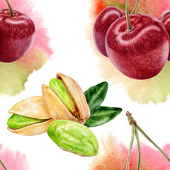 Hand drawn watercolor sweet cherry and pistachio seamless pattern with watercolor spine on white background.