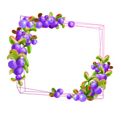 A geometric frame with ripe irgi berries on a white background is isolated. Graphic element. Watercolor illustration