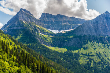 The mountains and valleys in Glacier National Park, Montana, on a cloudy day.