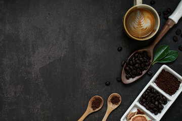 Cup of coffee and Coffee composition on black background. Copy space. Top view. Flat lay.