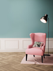 Modern living room interior with pink chair and lamp on pastel green wall background