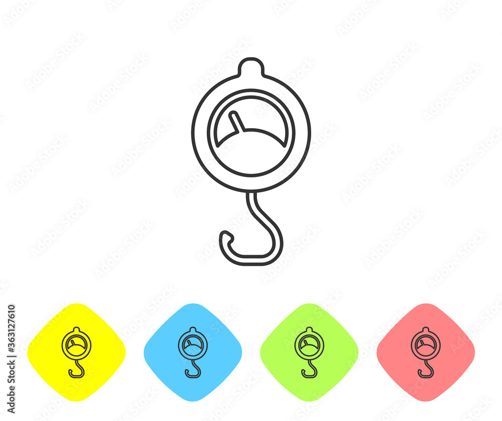 Poster grey line spring scale icon isolated on white background. balance for weighing. determination of wei