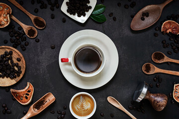 Cup of coffee and Coffee composition on black background. Copy space. Top view. Flat lay.