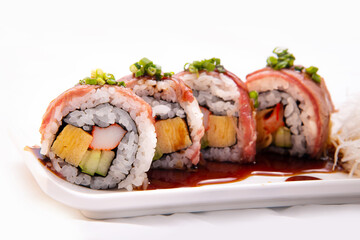 Wagyu beef roll norimki on assort of another maki roll