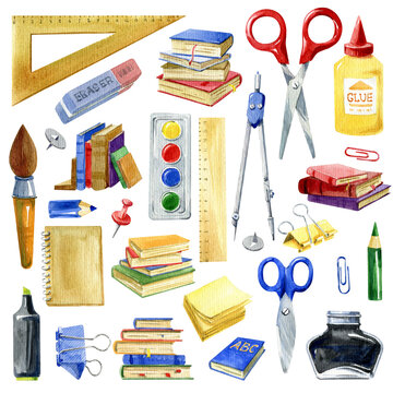 Watercolor set of school tools. Isolated Pens, pencils, brush, notebook, rules, school bag on white background 