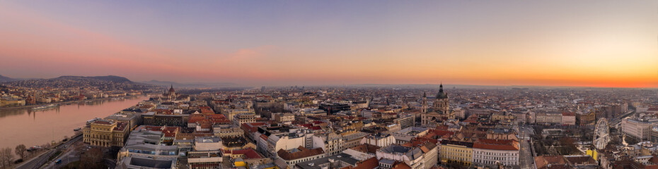Fototapeta na wymiar Panoramic aerial drone shot of St. Stephen Basilica at Budapest dawn sunrise in morning