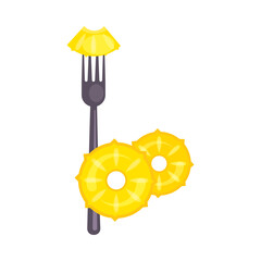 Pineapple eating. Cut fruit, slice, piece, fork. illustration can be used for topics like tropical breakfast, healthy food, summer vacation