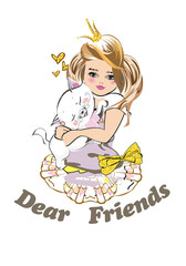 Sketch of a cute fashion girl princess with a cat riding the bicycle. Hand drawn vector illustration.