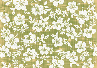 Background illustration with hibiscus pattern for vintage aloha shirt design. seamless.green.