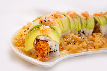 Avocado tempura maki with spicy mayo
