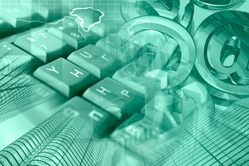 Keyboard, buildings and map