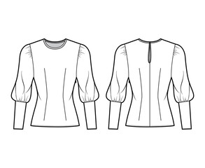 Blouse technical fashion illustration with round neckline, puffy mutton sleeves, fitted body, side zip fastening. Flat apparel template front white color. Women, men unisex CAD garment designer mockup