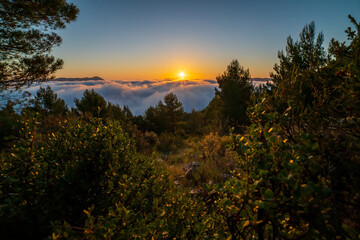 Sunrise views from the Montcabrer mountain in a day with clouds, Cocentaina.