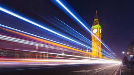 Fototapeta na wymiar London Big Ben and Parliament with Bus Light Trails at Night, UK