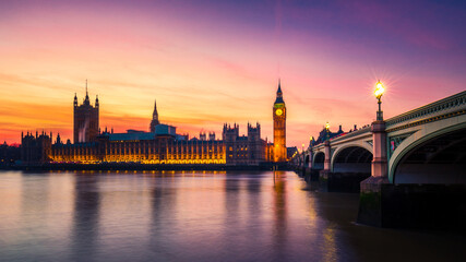 Fototapeta na wymiar Big Ben and the Houses of Parliament at Sunset, Westminster, London, UK