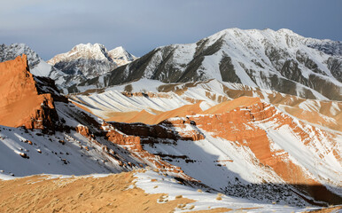 View of the mountain pass on a winter evening