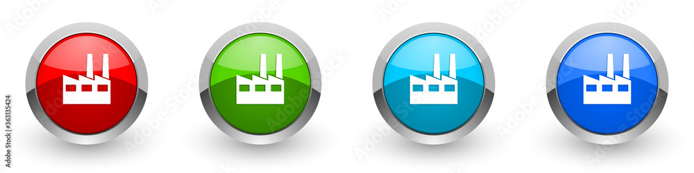 Poster Factory silver metallic glossy icons, industrial building concept set of modern design buttons for web, internet and mobile applications in four colors options isolated on white background