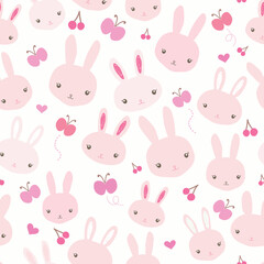 Pink bunnies and cute rabbits seamless pattern with butterflies, cherries, and hearts on white background. Perfect for fabric, textile, nursery decoration, baby shower. Surface pattern design.
