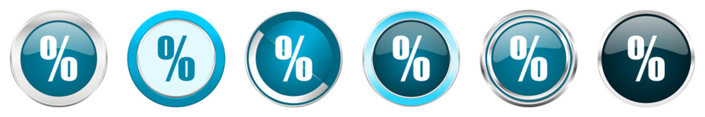 Percent silver metallic chrome border icons in 6 options, set of web blue round buttons isolated on white background