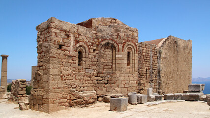 Lindos, the Acropolis, ruins of Saint John church. Lindos, Rhodes, Greece