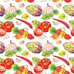 Kitchen pattern with vegetables - tomatoes, peppers, chilly, garlic. Seamless cooking background. Watercolor