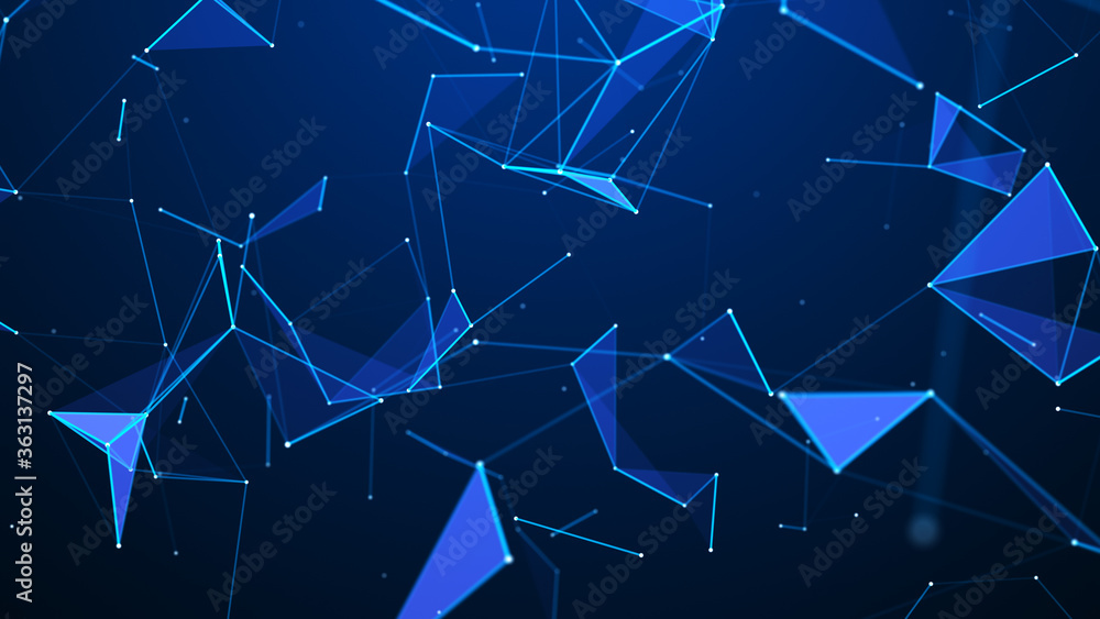 Poster digital plexus of glowing lines, dots and triangles. abstract background. 3d rendering. network or c