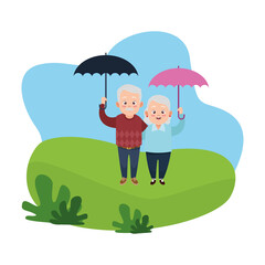 cute happy grandparents couple with umbrellas avatars characters