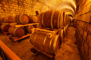 Oak barrels in wine cellars, Changli County, Hebei Province, China
