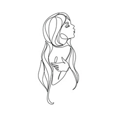 Beautiful girls silhouette, print for clothes, t-shirt, emblem or logo design, continuous line drawing, small tattoo, isolated vector illustration.