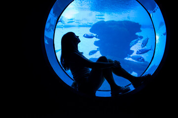 Woman silhouette in front of big aquarium. Dark blue photo with sea fish.