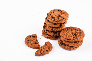 Chocolate chip cookies isolated on white background. Sweet biscuits.