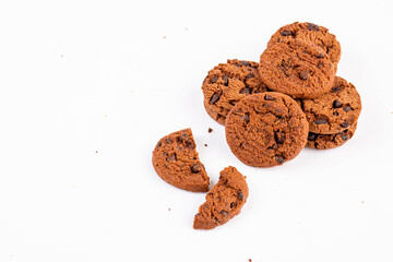 homemade chocolate chips cookies on white background in top view