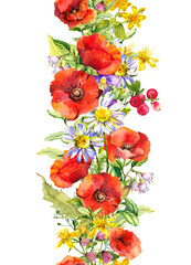 Floral seamless border with summer flowers. Watercolor with meadow poppies and chamomile