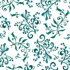 Floral seamless pattern with leaves and berries in green blue color, on a white. Hand drawing. Background for title, blog, decoration. Design for wallpapers, textiles, fabrics.