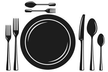  Plate, fork, spoon, and knife vector silhouette. Cutlery set.