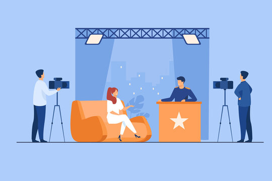 TV host interviewing celebrity person in studio. Camera crew working on talk show. Vector illustration for videographer job, broadcasting, news concept