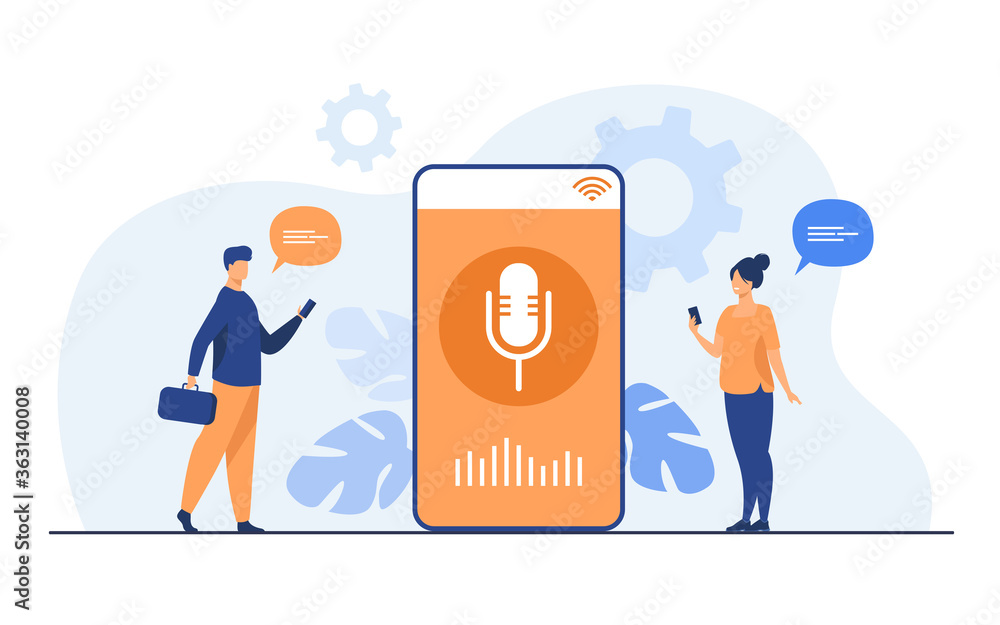 Poster people using voice assistant app on smartphone with speaker on screen. vector illustration for sound