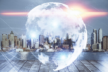 Double exposure of business theme hologram drawing and city veiw background. Concept of success.