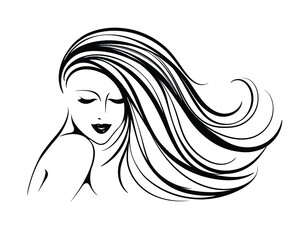 Hair salon and beauty studio illustration.Beautiful woman with long, wavy hairstyle and elegant makeup.Cosmetics and spa icon.Cute young lady portrait.Smiling pretty face.