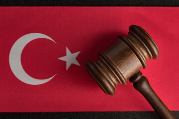 Judges hammer on the flag of Turkey. Close up. Law and Justice . Constitutional law