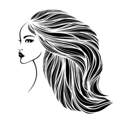 Hair salon and beauty studio illustration.Beautiful woman with long, wavy hairstyle and elegant makeup.Cosmetics and spa icon.Cute young lady portrait.Profile view face.