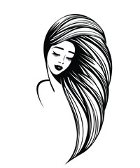 Hair salon and beauty studio illustration.Beautiful woman with long, wavy hairstyle and elegant makeup.Cosmetics and spa icon.Cute young lady portrait.Pretty face.